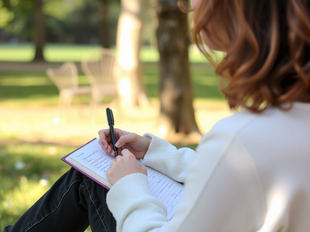 A person journaling or reflecting on their day, with a peaceful and serene atmosphere surrounding them.