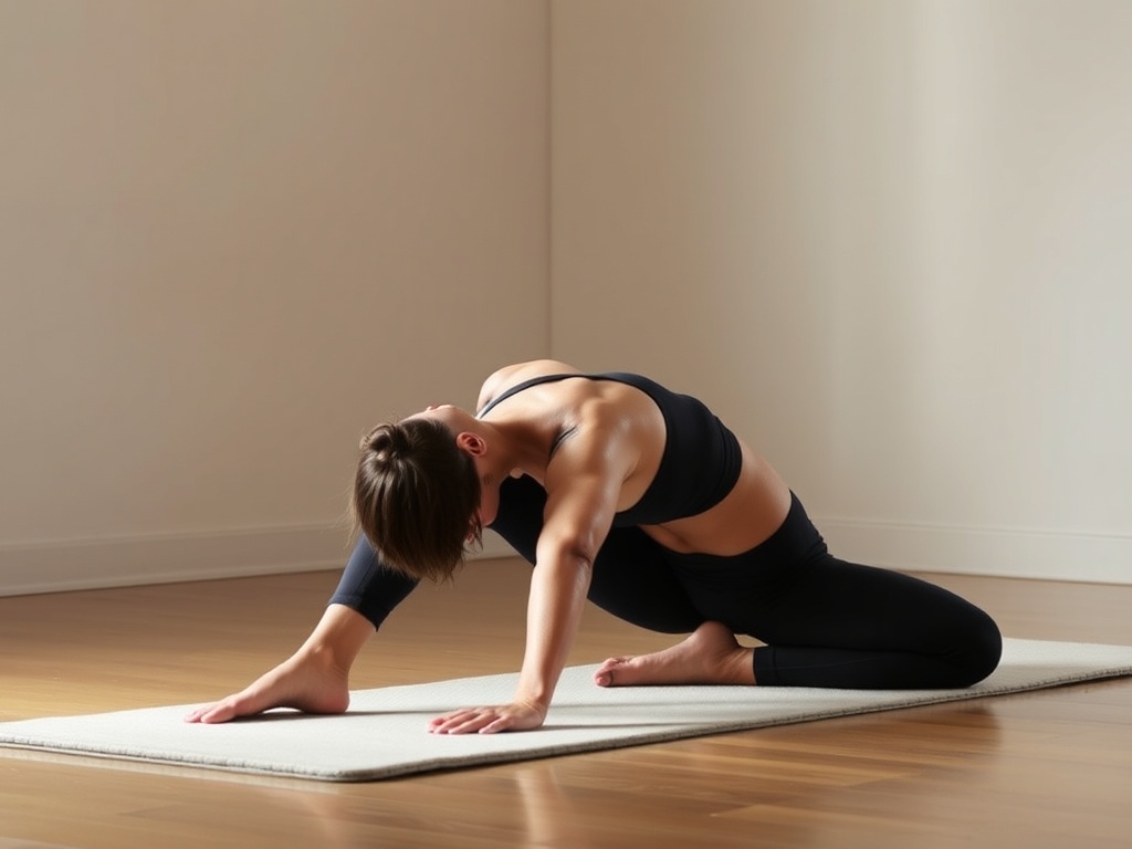 A person stretching or practicing yoga on a soft mat in a calm, peaceful environment with soft lighting.