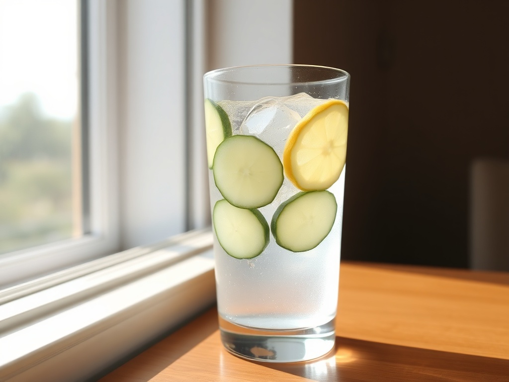 A refreshing glass of water with lemon and cucumber slices, placed on a table next to a sunlit window.