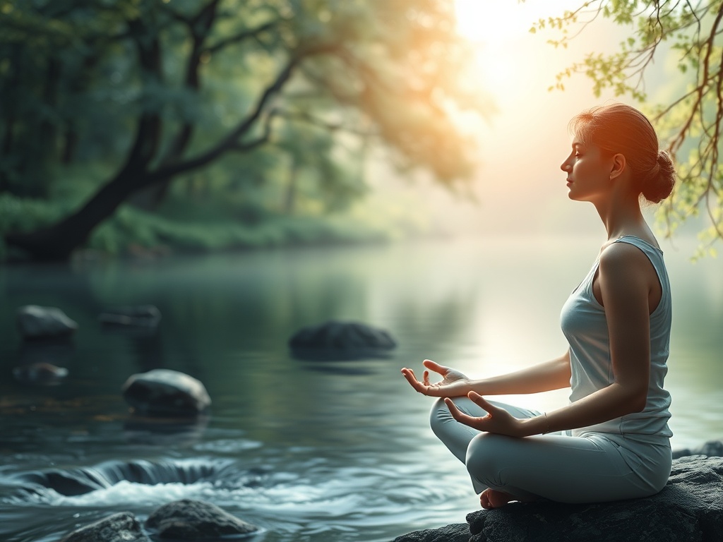 A serene image of a person meditating in a peaceful environment, with calming colors and nature elements like trees and flowing water.