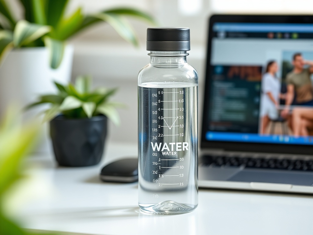 A stylish reusable water bottle on a desk next to a laptop, with a fresh, clean look and hints of greenery in the background.