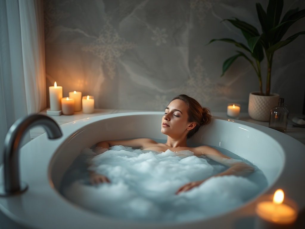 A tranquil scene with a person enjoying a hot bath with candles and soft music playing in the background, creating a calming environment.