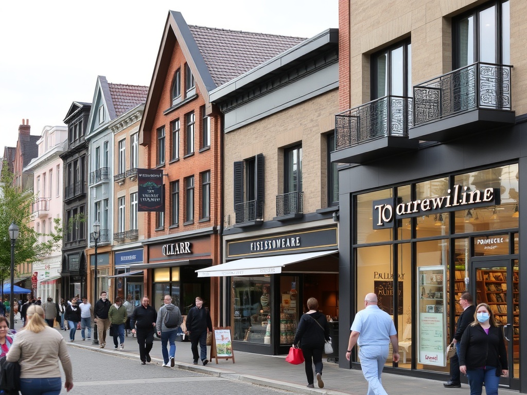 busy Faubourg Boisbriand shopping area with modern storefronts and people walking