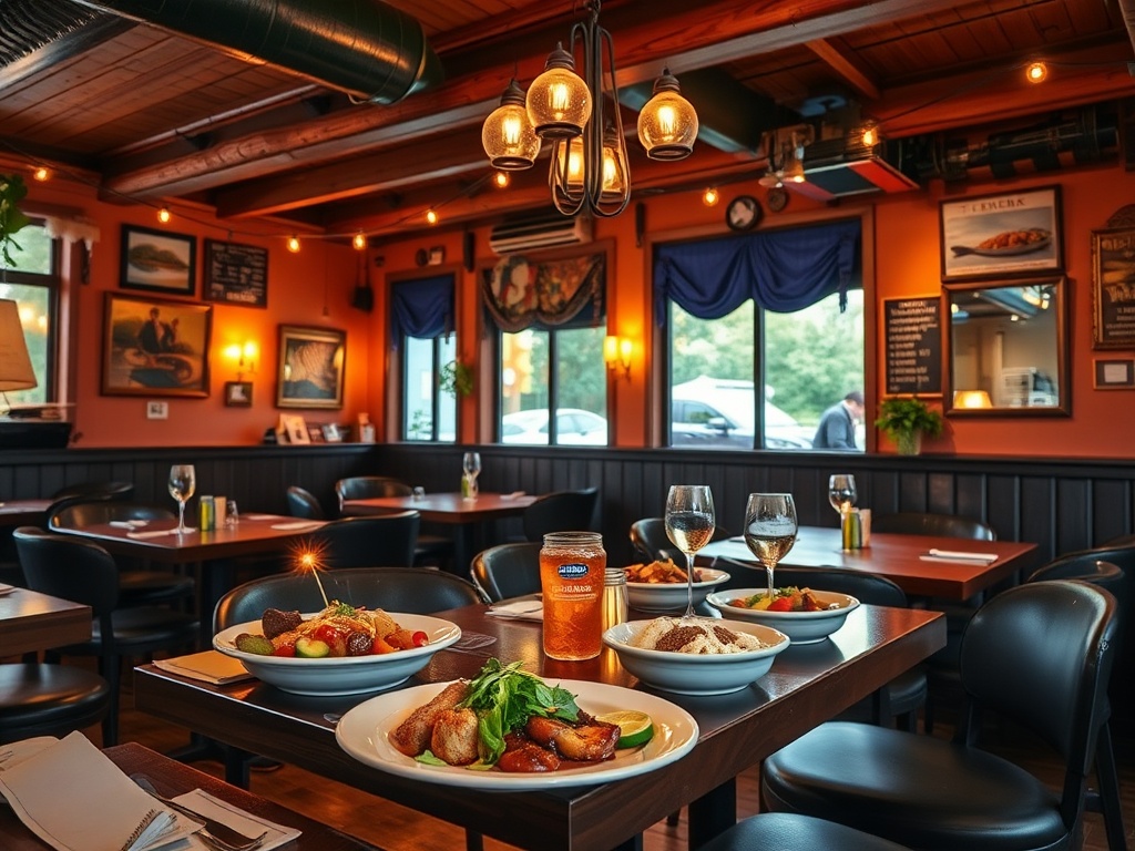 cozy local restaurant interior with warm lighting and plated dishes, inviting atmosphere