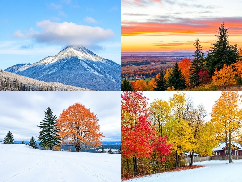 four seasons collage Quebec landscapes snow fall spring summer autumn trees