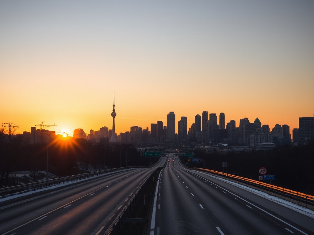 Montreal skyline at sunset viewed from distance, highway leading toward city