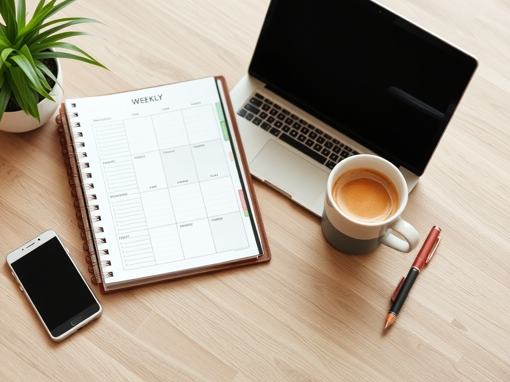 organized weekly planner with coffee and laptop, lifestyle productivity scene