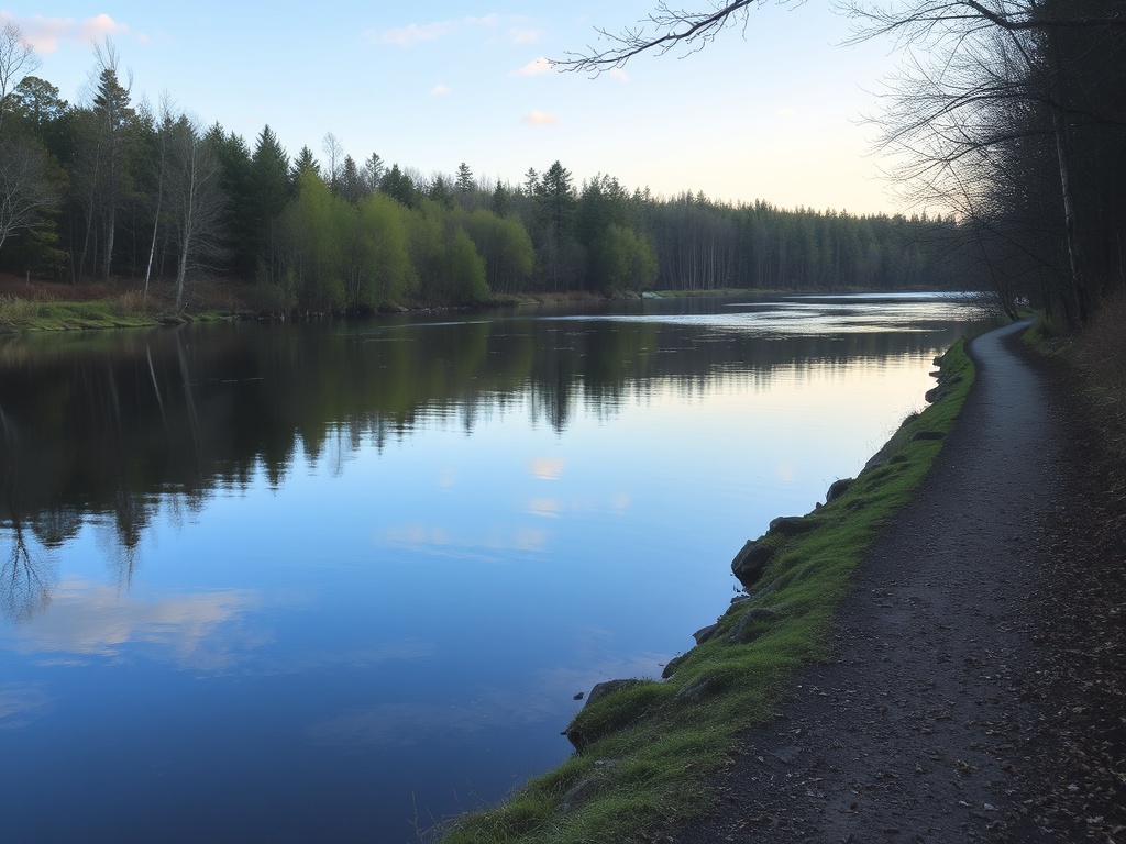 peaceful riverside walking trail with trees and reflections in water, Quebec landscape