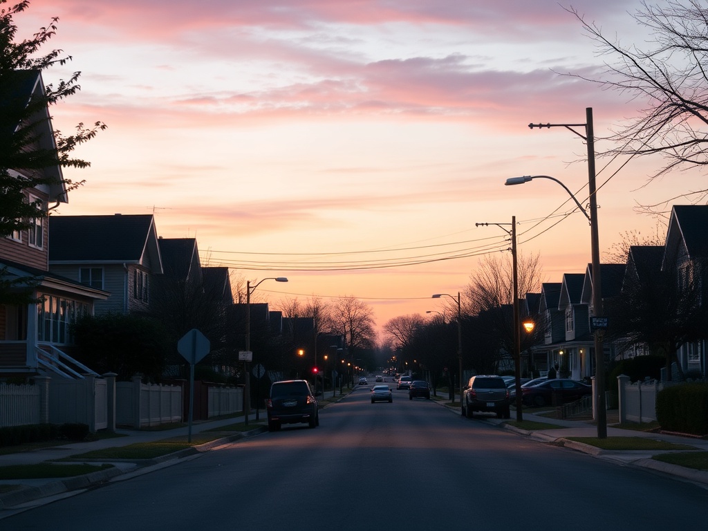 quiet suburban street at dusk with warm lights and peaceful atmosphere