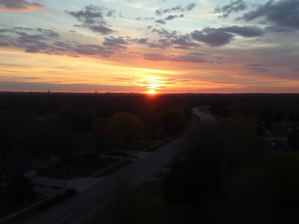 sunrise over Boisbriand neighborhoods with quiet streets and trees, cinematic lighting