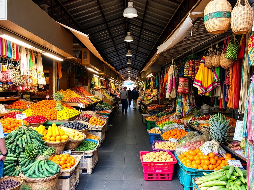 A bustling market with colorful stalls selling fruits, vegetables, and handmade goods.
