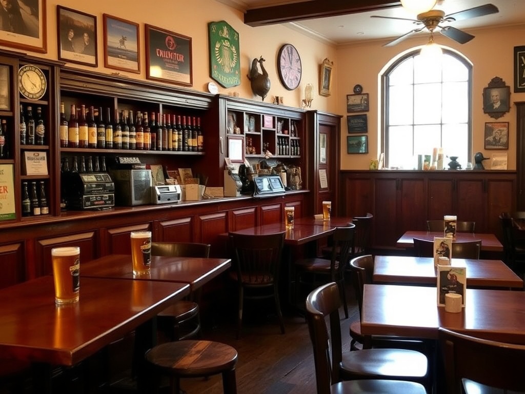 A cozy pub with wooden tables and a variety of craft beer on display.