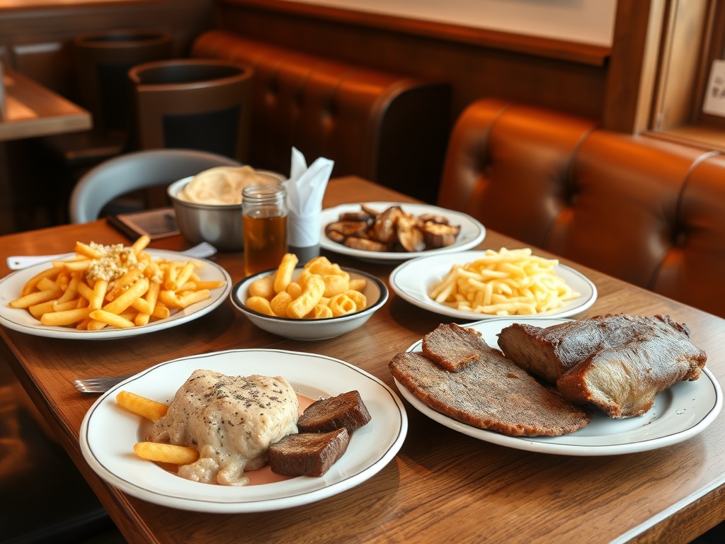 A cozy restaurant table with plates of Quebecois food like poutine and smoked meat.