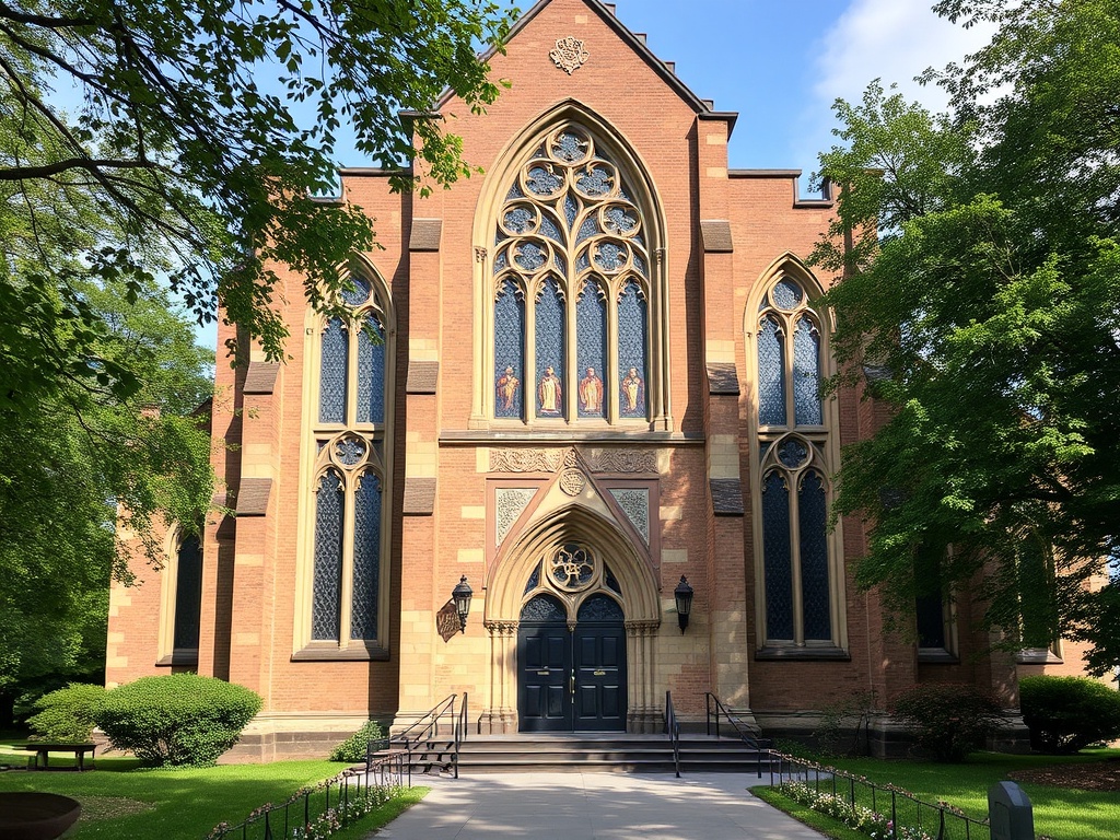 A gothic-style church with intricate stained-glass windows and peaceful surroundings.