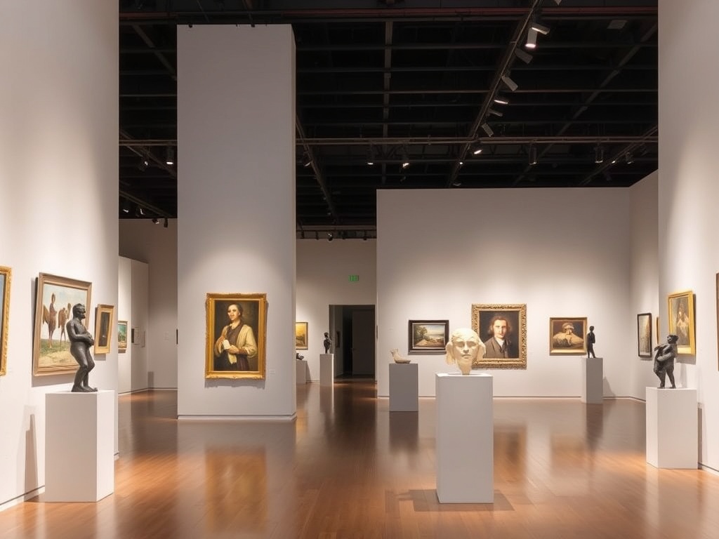 A modern art gallery with paintings and sculptures displayed on the walls and pedestals.