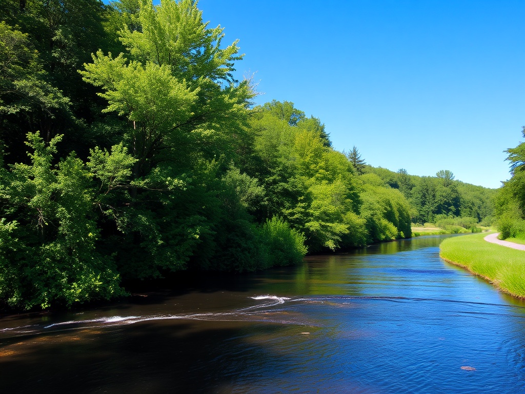 A peaceful river flowing through a lush green forest with clear blue skies.