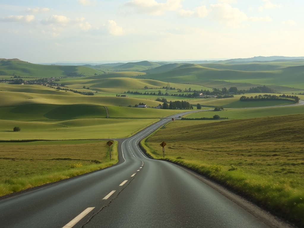 A scenic drive through open fields with rolling hills and green countryside views.