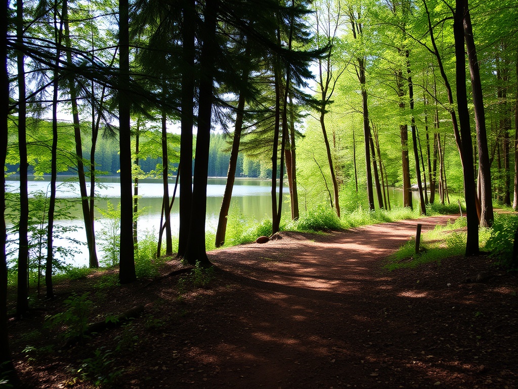 A serene nature reserve with a forest path leading to a calm lake surrounded by trees.