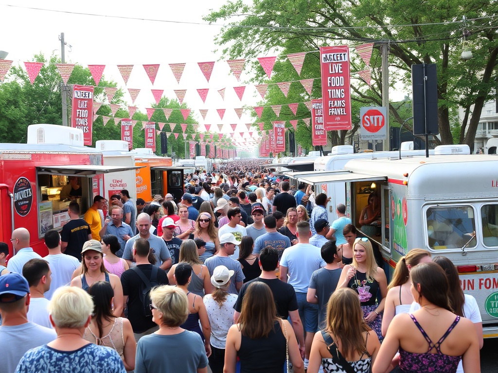 A vibrant festival with food trucks, live music, and excited festival-goers in the streets.