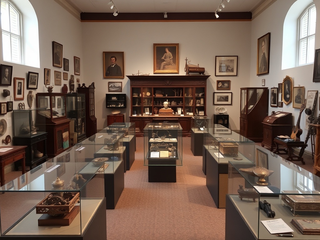 An exhibition of local history artifacts displayed in a well-lit museum room.