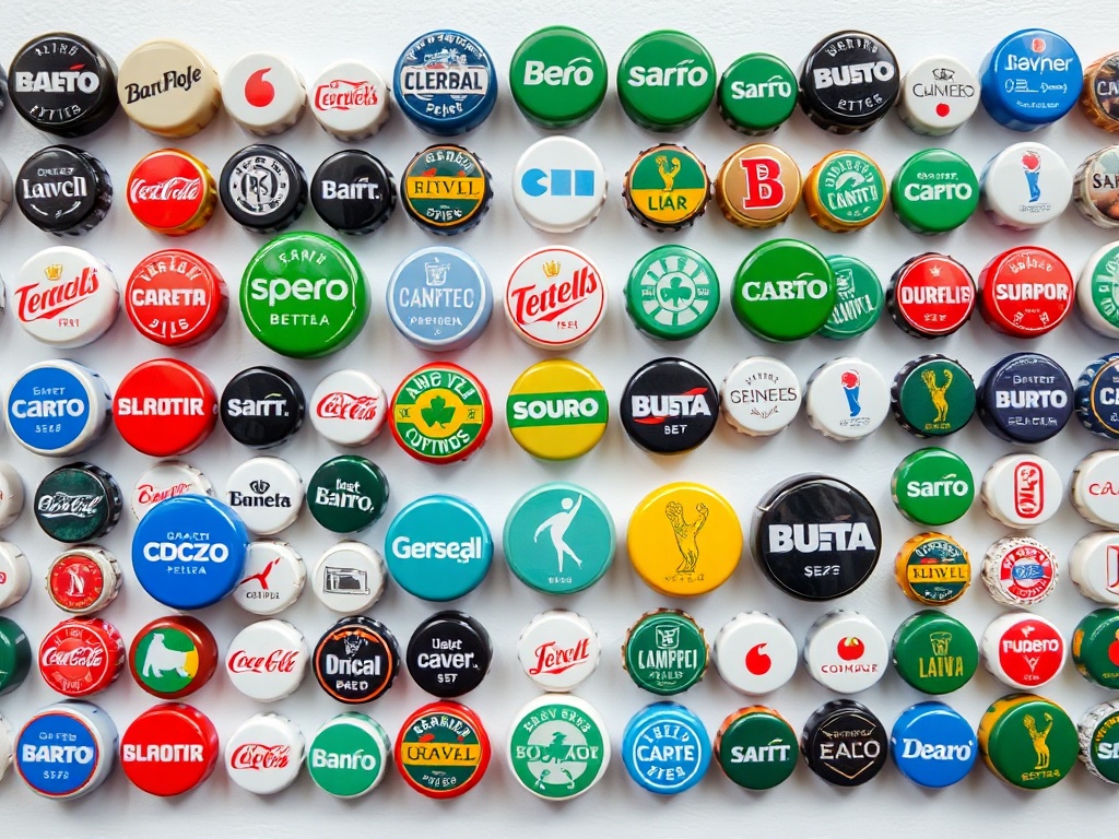 a minimalist display of neatly arranged bottle caps sorted by brand and color in a clean grid