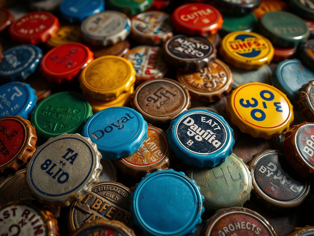 a tabletop covered with colorful vintage bottle caps in mixed conditions, some rusted, some pristine, warm lighting