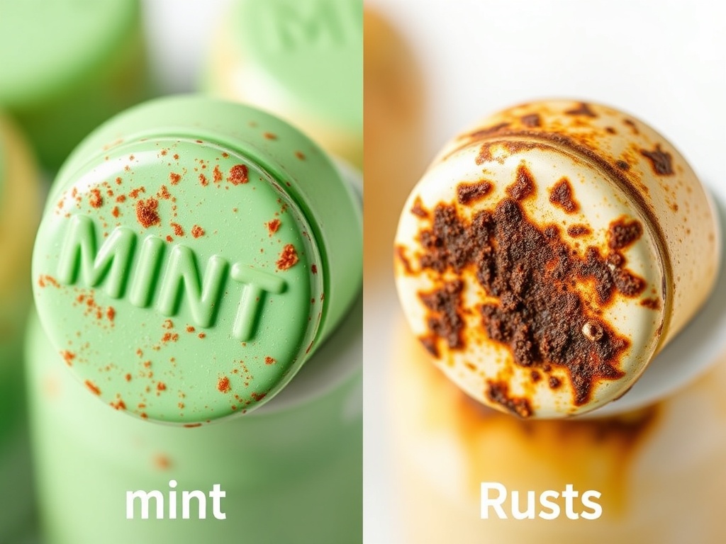 close-up comparison of mint vs rusted bottle caps side by side with visible texture differences