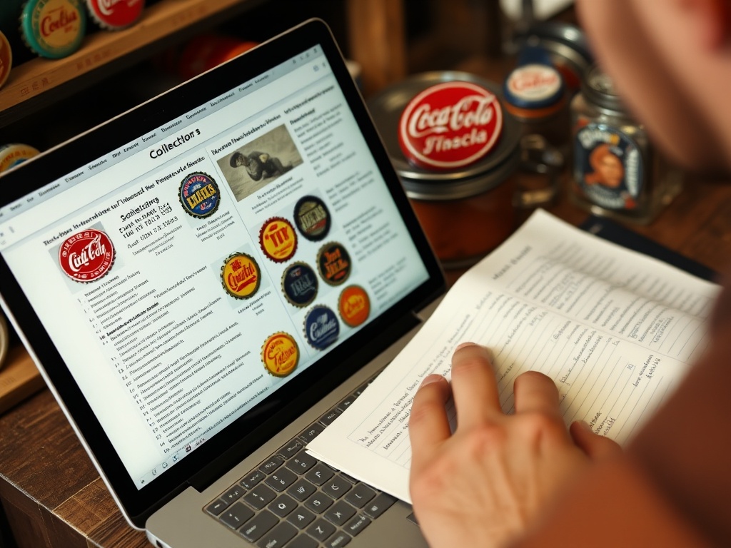 collector browsing vintage bottle cap listings on a laptop with notes beside them