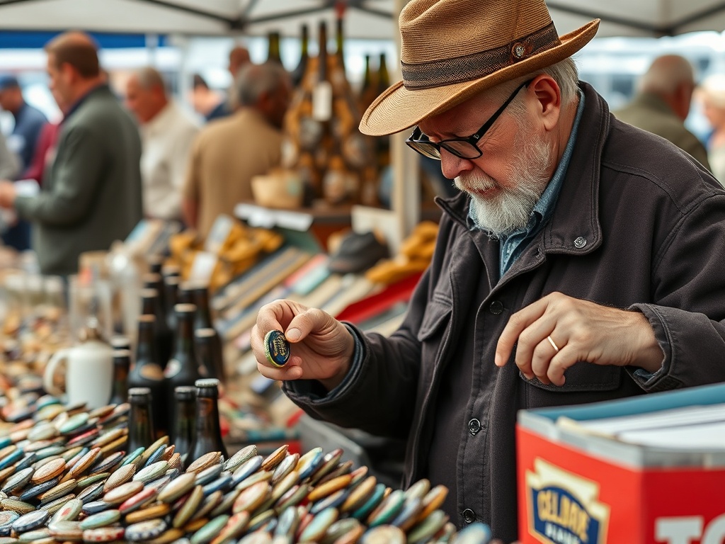 collector carefully selecting specific themed bottle caps at a flea market stall