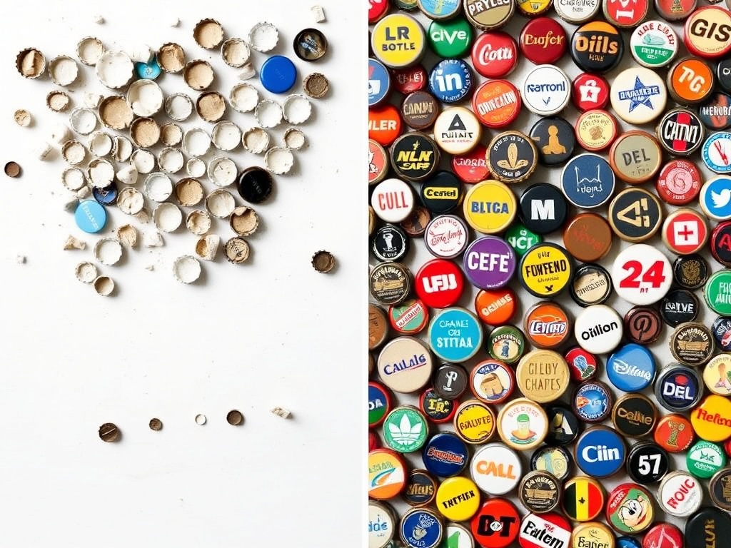 evolution of a bottle cap collection from messy to refined over time displayed visually