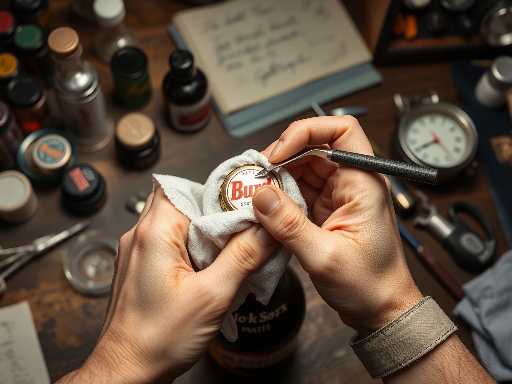 hands carefully cleaning a bottle cap with soft cloth and tools on a collector's desk