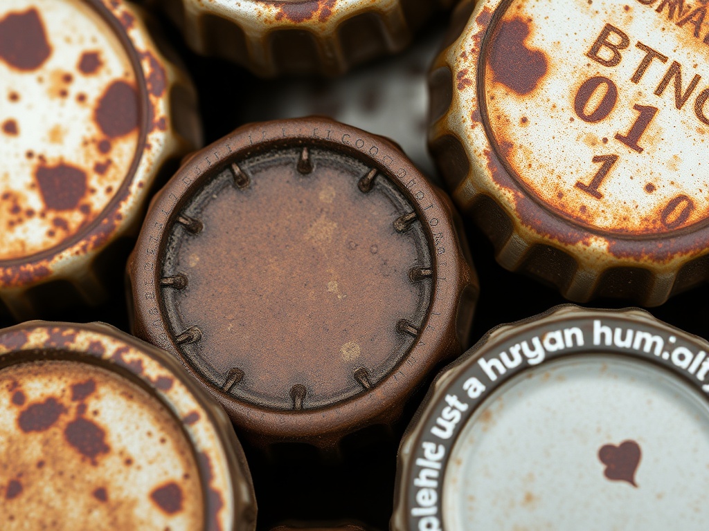 humidity damage on metal bottle caps with rust patterns and corrosion close-up