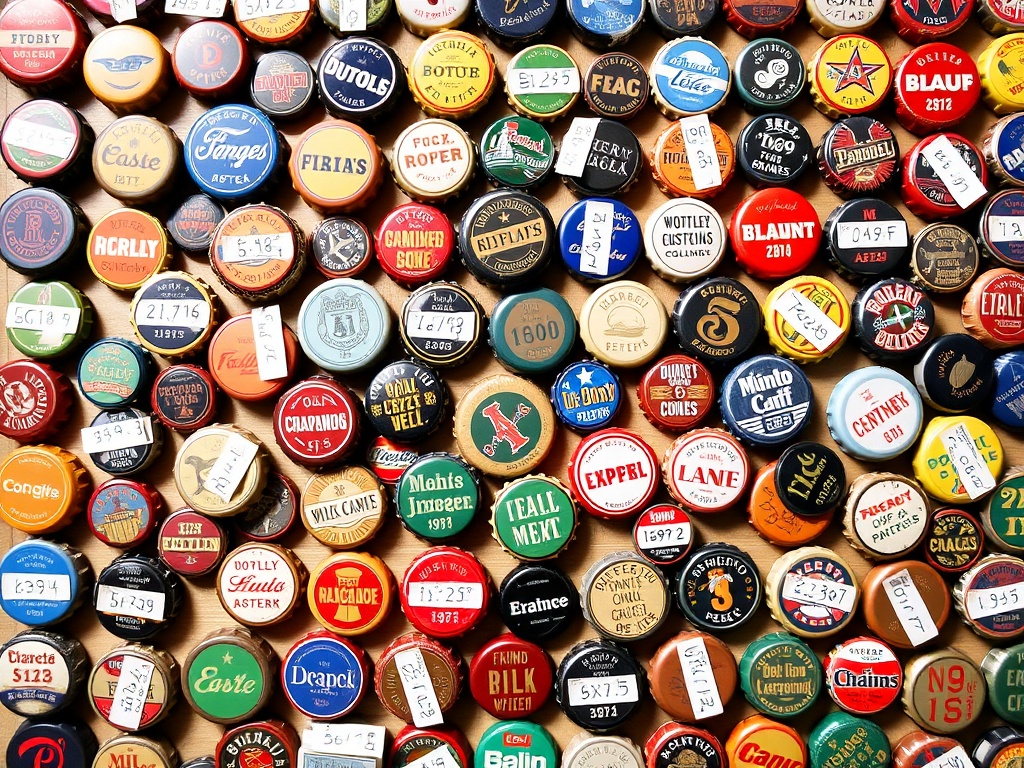 labeled bottle cap collection with tags showing dates and origins neatly organized
