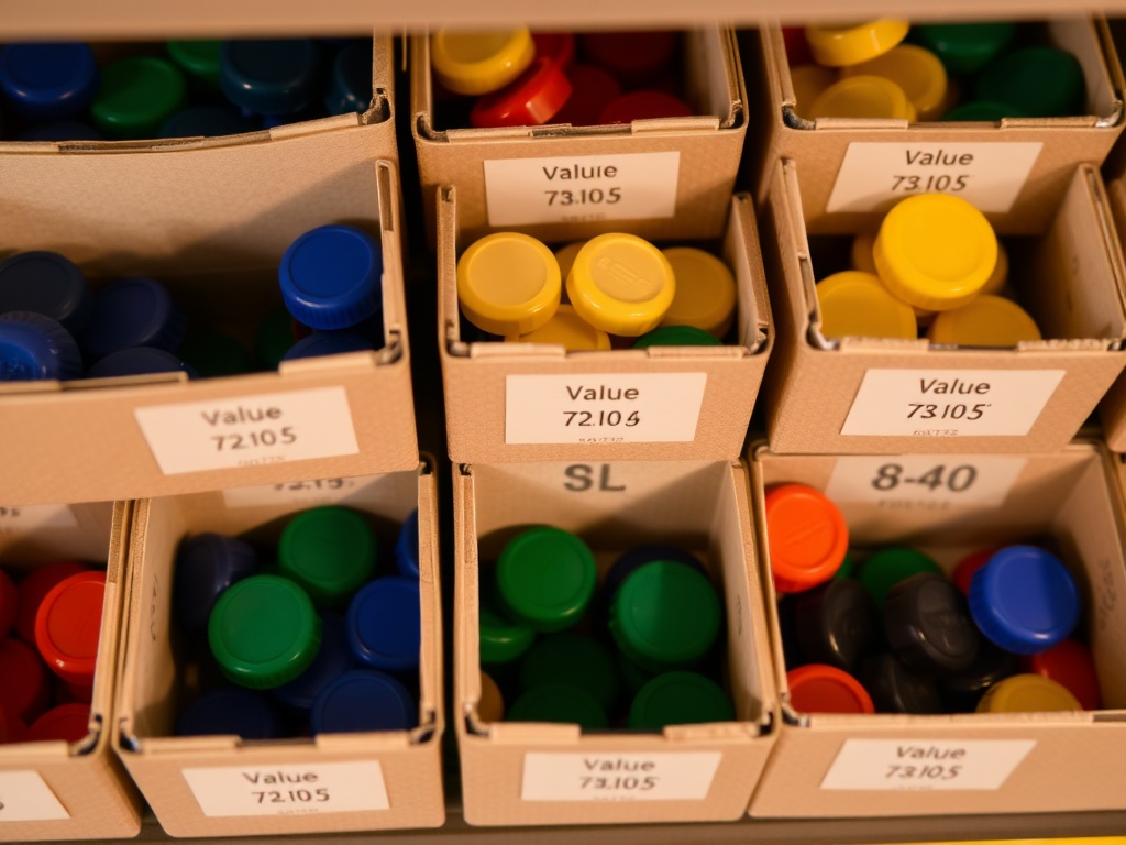 organized storage boxes with labeled compartments for bottle caps of different value levels