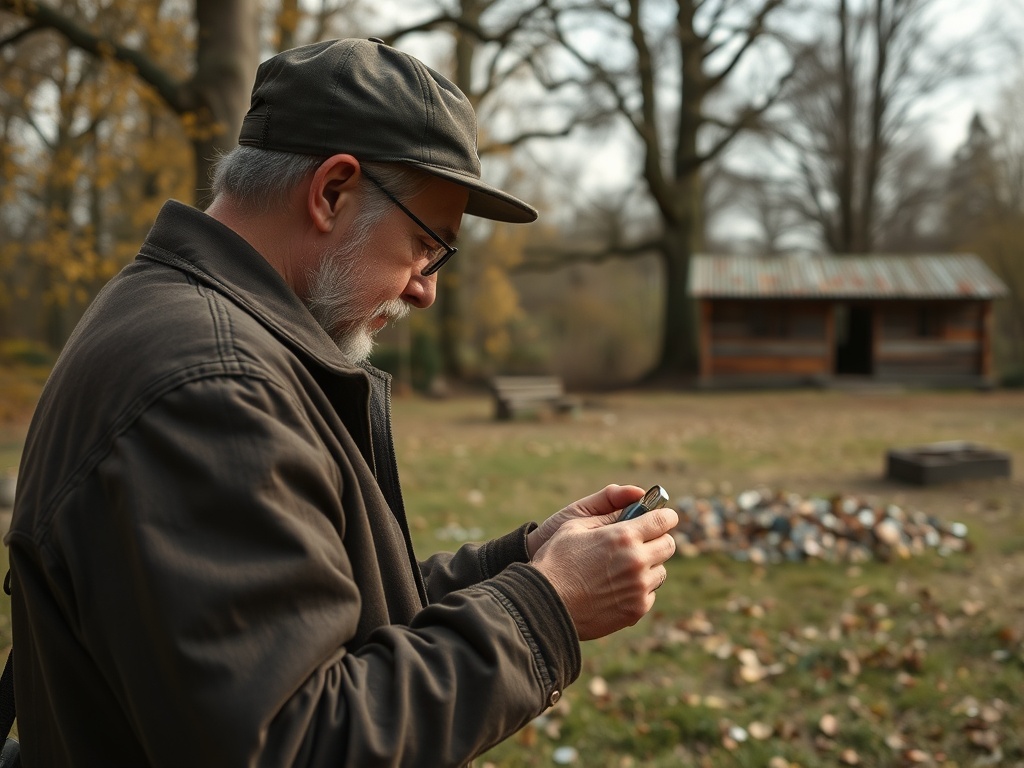 person searching for bottle caps outdoors in an old park or vintage site setting