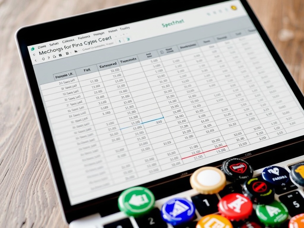 spreadsheet tracking bottle cap collection values on a laptop next to caps