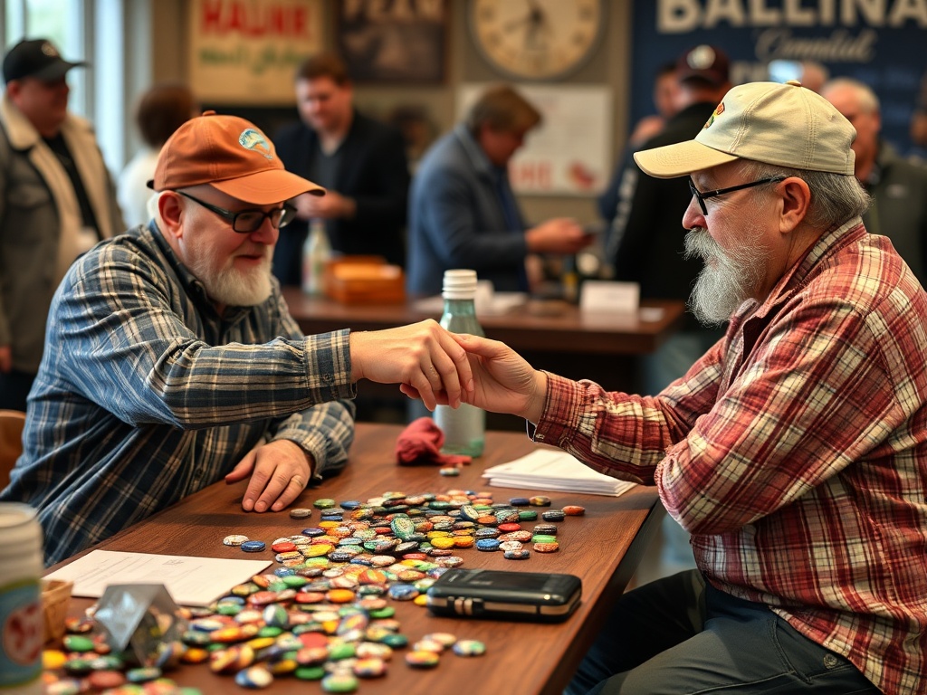 two collectors exchanging bottle caps across a table in a friendly trade