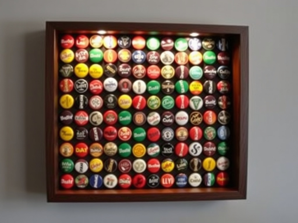 wall display of colorful bottle caps arranged in artistic patterns in a shadow box