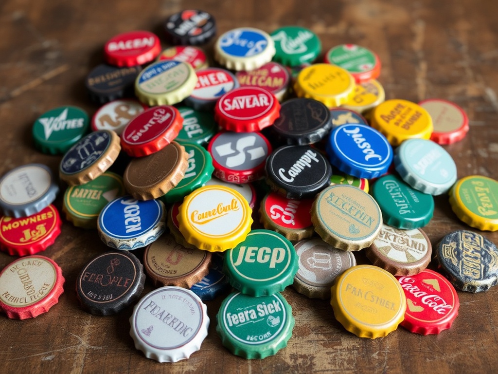 A collection of colorful vintage bottle caps spread across a wooden table