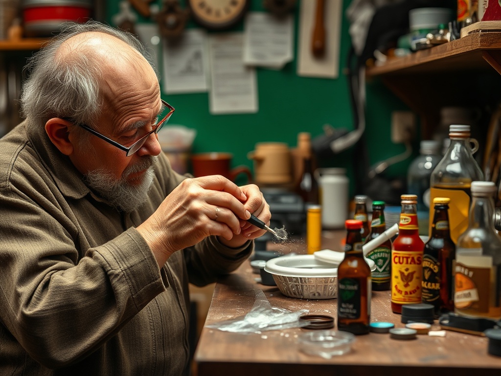 A collector carefully cleaning a bottle cap in their workshop