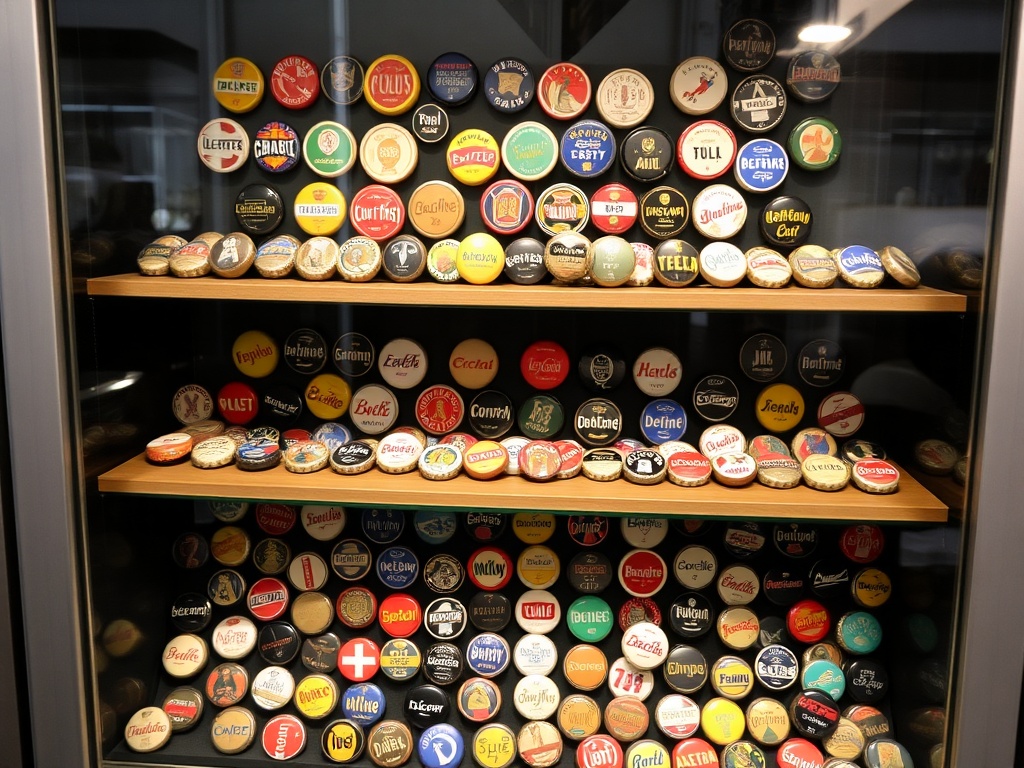 A display case filled with rare collectible bottle caps