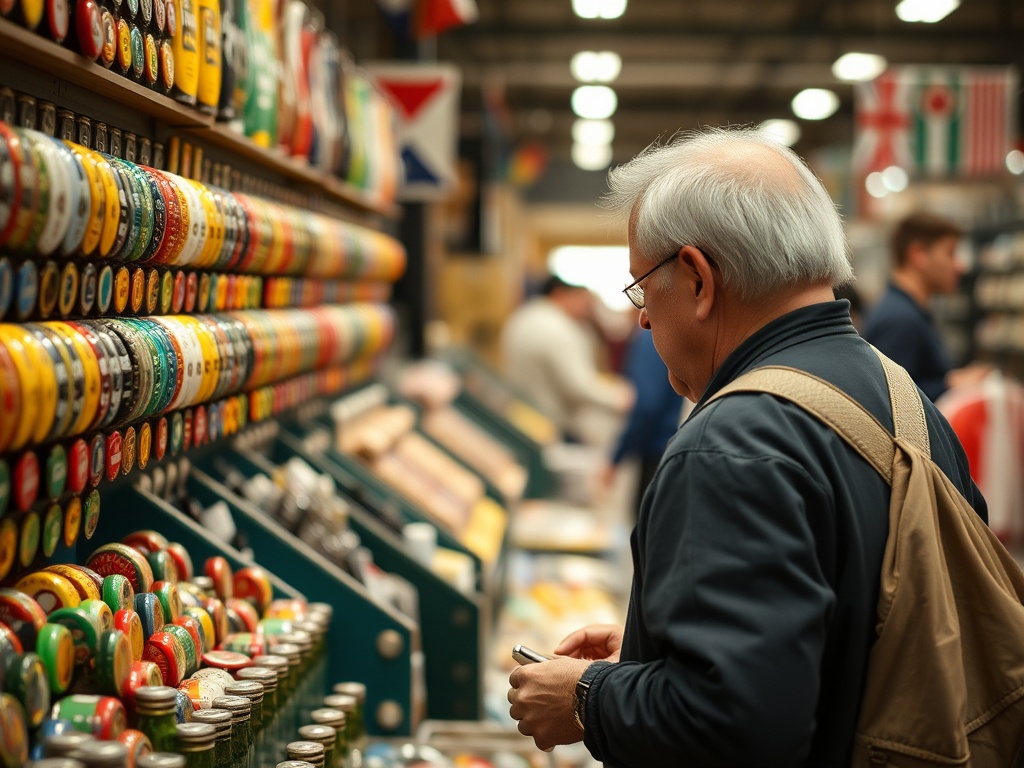 A person shopping for bottle caps at a collectible market