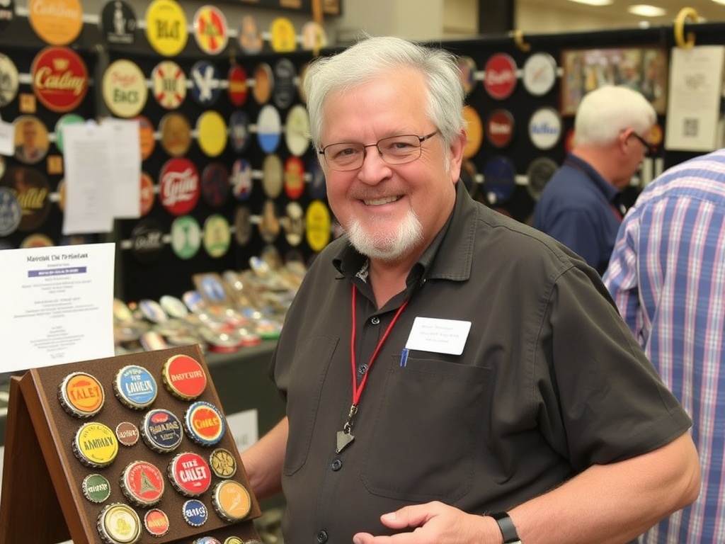 A seller at a collectible show offering vintage bottle caps for sale