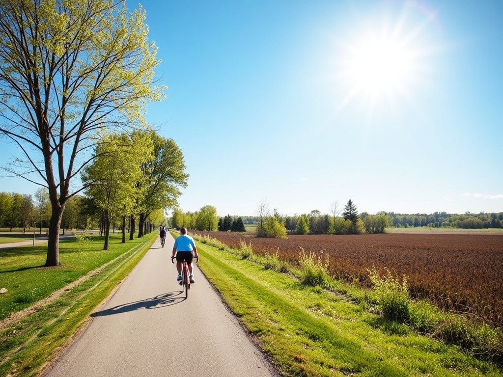 A beautiful sunny day in Bradford West Gwillimbury with clear skies and people riding bikes along a scenic trail.