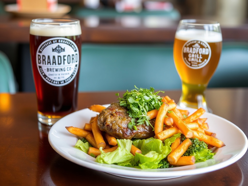 A delicious plate of local food from The Local Grill with a refreshing craft beer from Bradford Brewing Co.