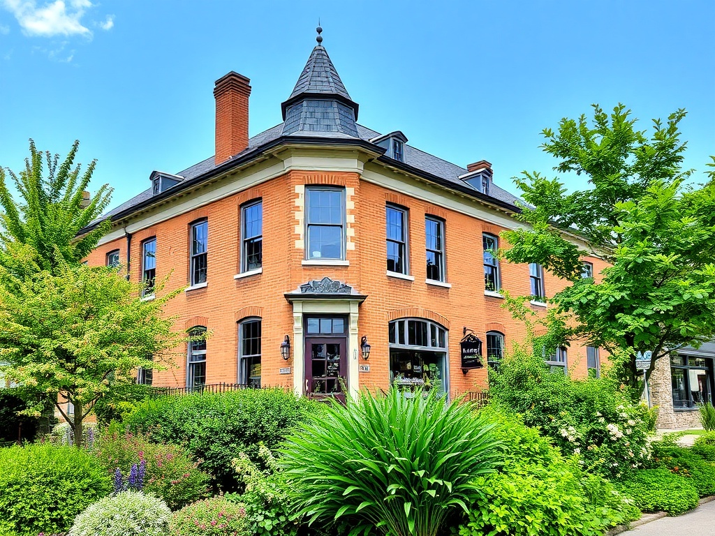 A historical building in downtown Bradford West Gwillimbury with vibrant greenery surrounding it.