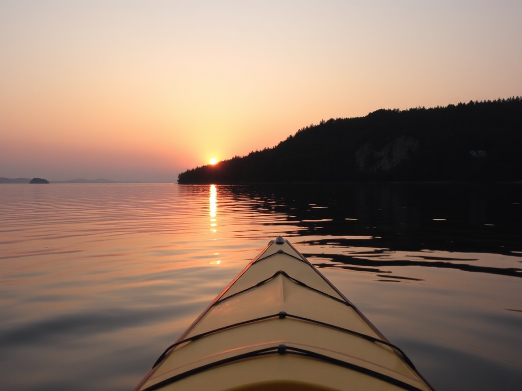 A kayak gliding across the peaceful waters of Lake Simcoe during sunset.