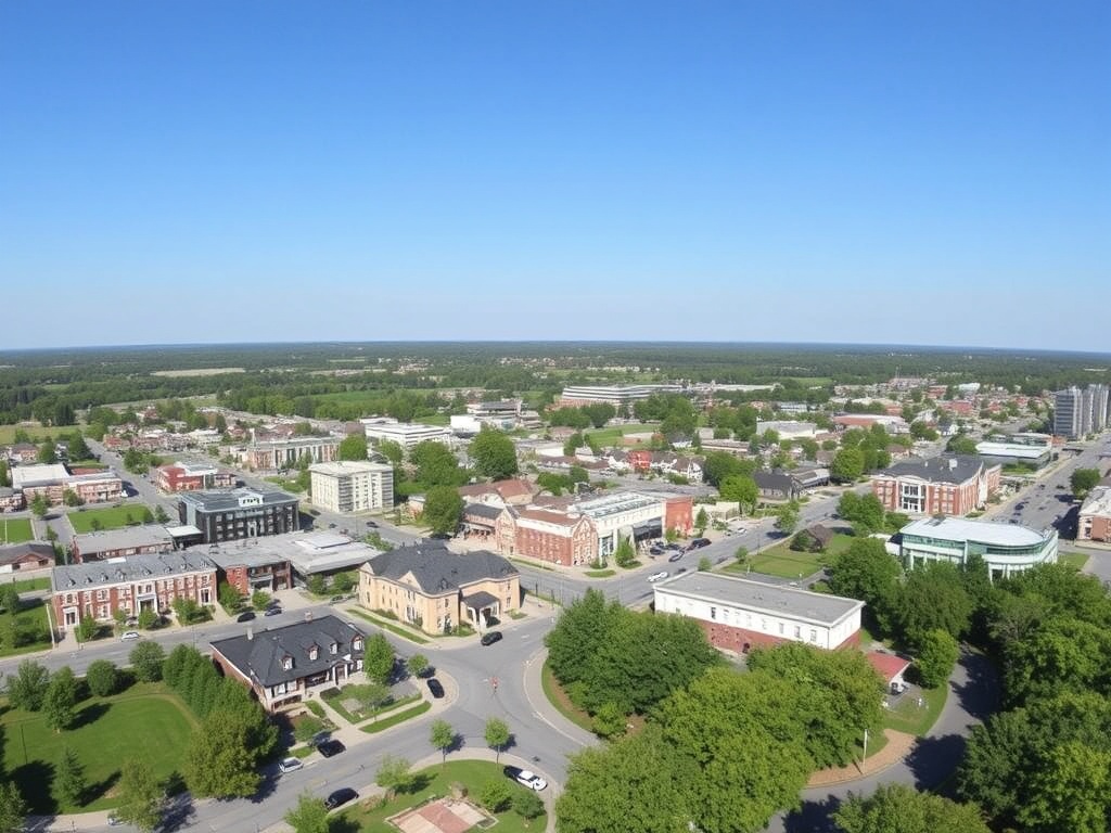 A panoramic view of Bradford West Gwillimbury's picturesque downtown with green spaces and clear skies.