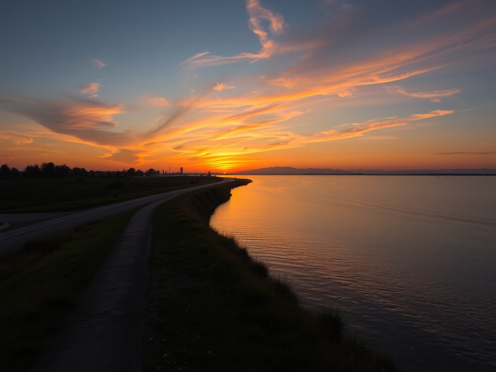 A beautiful sunset over a canal, with a path leading into the horizon