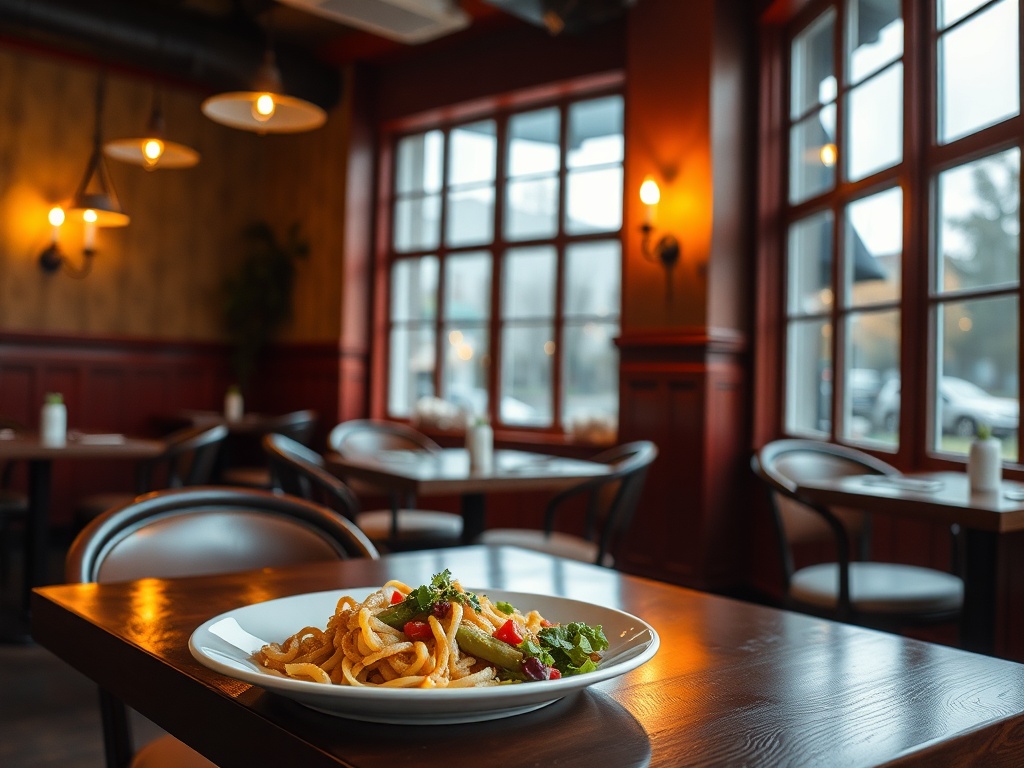 A cozy restaurant setting with warm lighting and a delicious meal on the table
